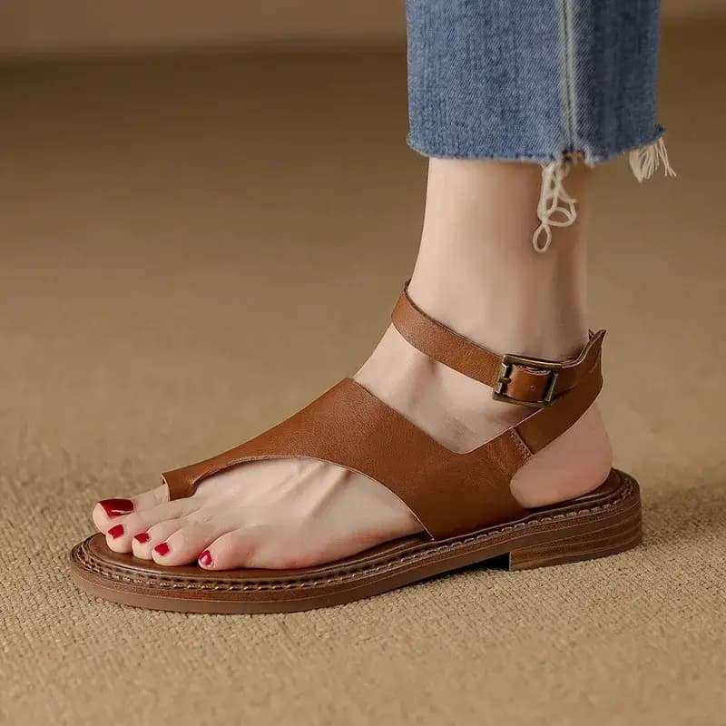 Women toe Sandals genuine leather sandals concise casual fashion working low heels shoes women 2023 summer retro style leisure