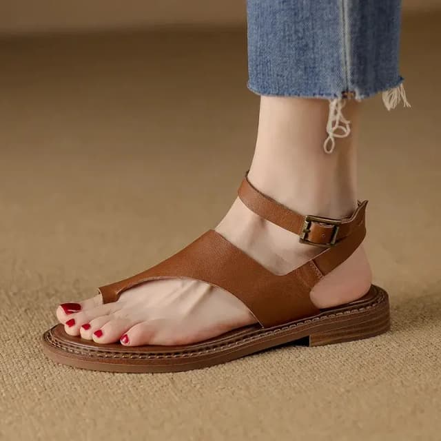 Women toe Sandals genuine leather sandals concise casual fashion working low heels shoes women 2023 summer retro style leisure