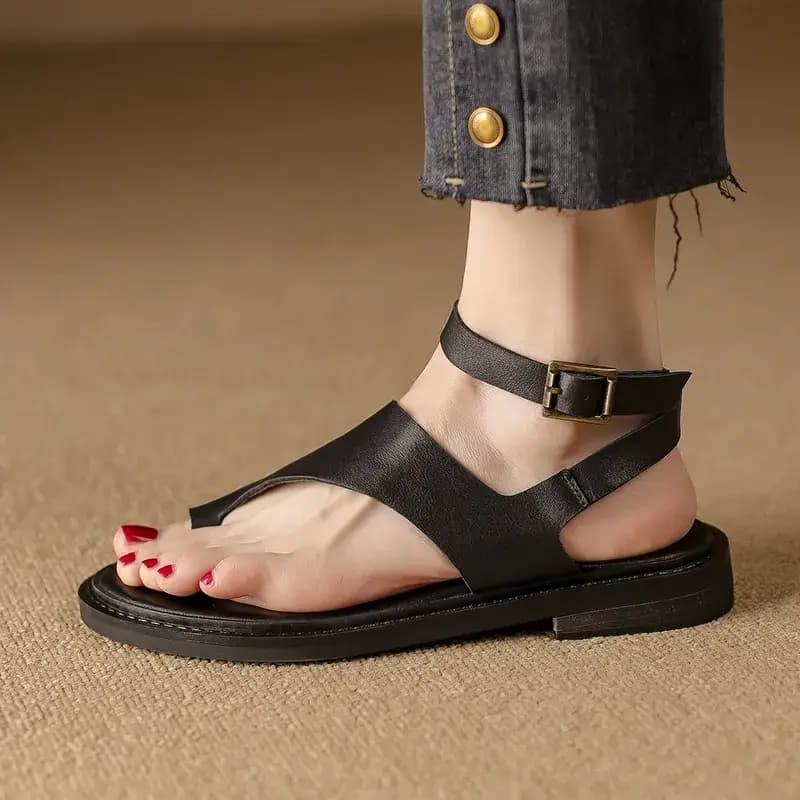Women toe Sandals genuine leather sandals concise casual fashion working low heels shoes women 2023 summer retro style leisure