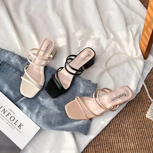 Women's sandals ladies square heels elegant summer slippers outside cross tied leather female slides 2023 fashion women sandals