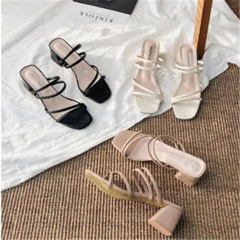 Women's sandals ladies square heels elegant summer slippers outside cross tied leather female slides 2023 fashion women sandals
