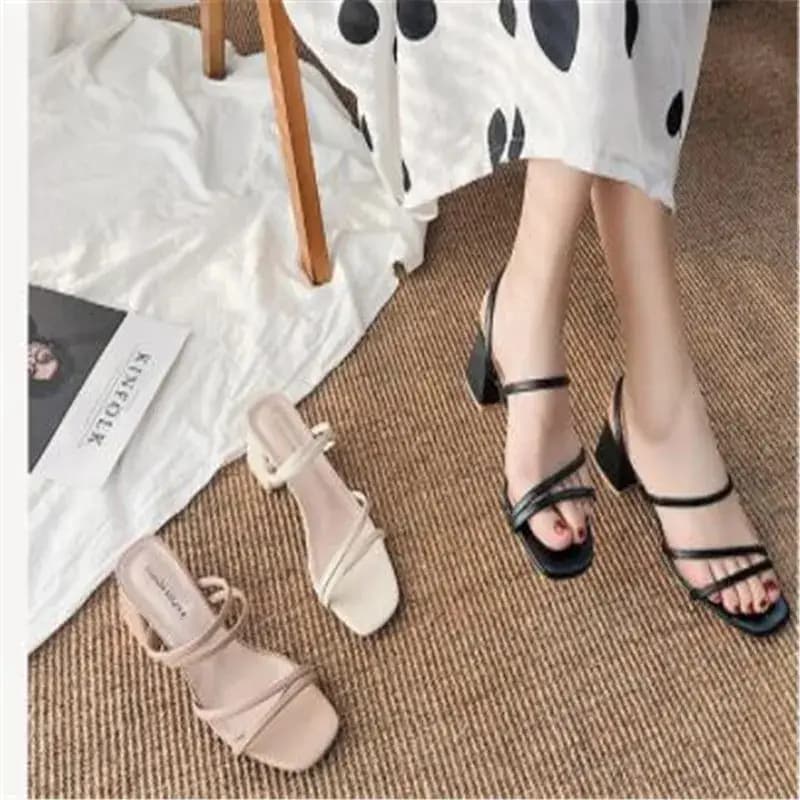 Women's sandals ladies square heels elegant summer slippers outside cross tied leather female slides 2023 fashion women sandals